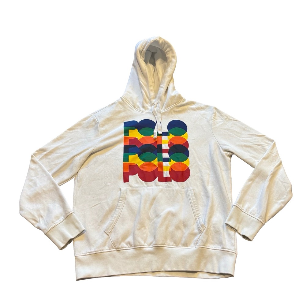 Polo Ralph Lauren Mens Logo Fleece Hoodie White Multi Color Stacked Graphic M